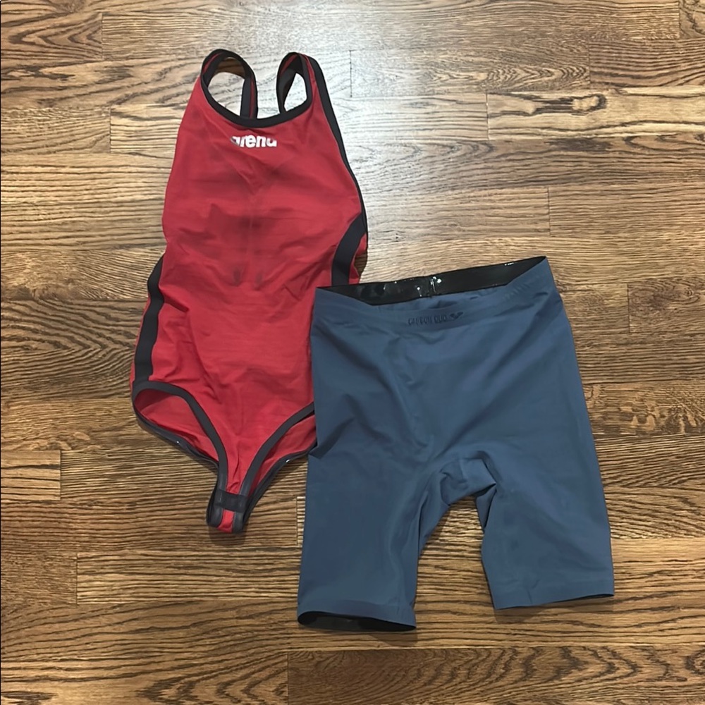 Arena Red Swimsuit with Blue Shorts